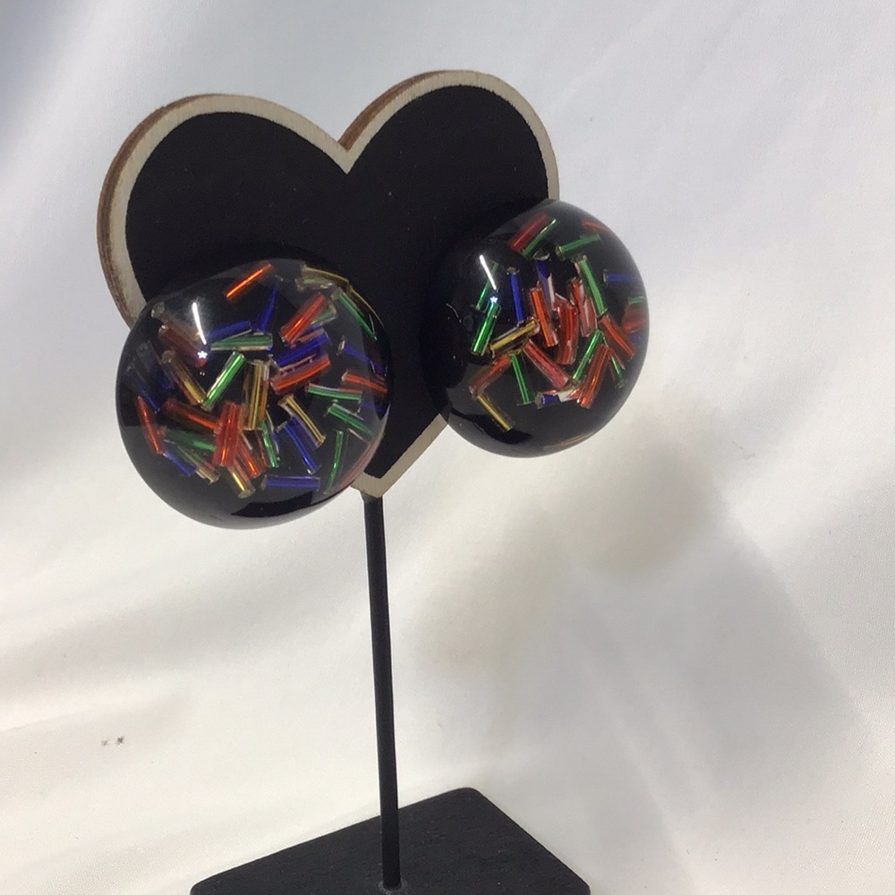 Round Black Confetti Lucite Clip-On Earrings